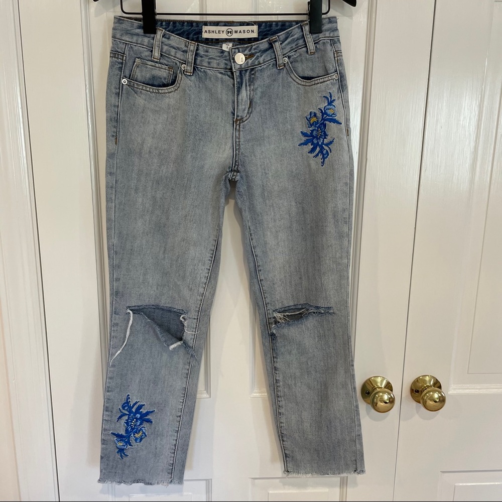 Ashley Mason embroidered light wash ripped jeans